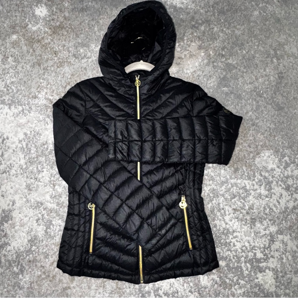 Michael Kors Black Packable Down Hooded Quilted Jacket Zip Logo Women's XS